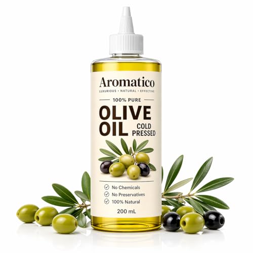 Image of AROMATICO Cold Pressed Olive Oil for Hair Growth & Skin - Olive Hair Oil for Deep Nourishment, Frizz Control & Smooth Shiny Hair | Body Massage Oil | 200ml