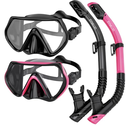 EXMUJO Snorkeling Gear for Adults,Snorkel Set Diving Mask Scuba Gear Swim Goggles with Nose Cover and Dry Top Snorkel Tube Kit Tempered Glass 180°Panoramic View