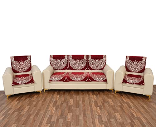 Image of Sky Blue 5 Seater Sofa Cover (3+1+1) with Complete Cover Set - Soft Stretch Fabric, Couch Protector Heavy Fabric Sofa Slip Protector (Maroon)