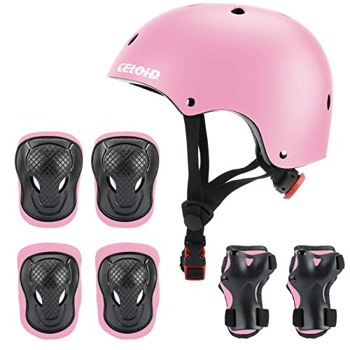 CELOID Kids Helmet Pad Set,Adjustable Kid Skateboard Bike Helmet Knee & Elbow Pads Wrist Guards 5-8-9 Years Kids,Protective Gear Set for Girls Boys Bicycle Roller Scooter Sport,Pink by CELOID - Used condition - CA$35.33