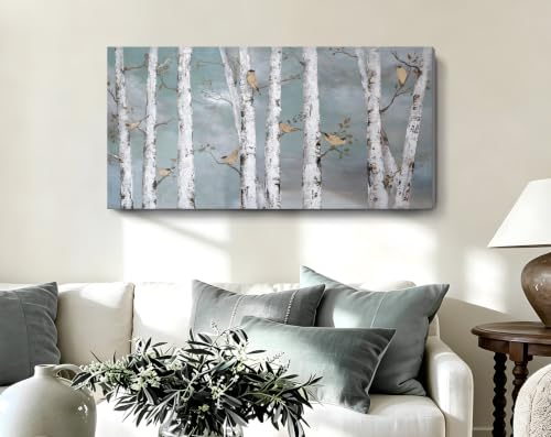 Image of Ejart Teal Wall Art Hand-Painted Landscape Forest Oil Painting on Canvas Original Framed Artwork Gold Bird Birch Tree Artwork 'White Birch at Night' for Living Room Bedroom Office Decor 32x16inch