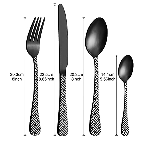 Cutlery Set, BEWOS 16-Piece Matt Black Unique Pattern Design for Gift, Stainless Steel Flatware Set, Silverware Set with Spoon Knife and Fork Set, Service for 4, Dishwasher Safe
