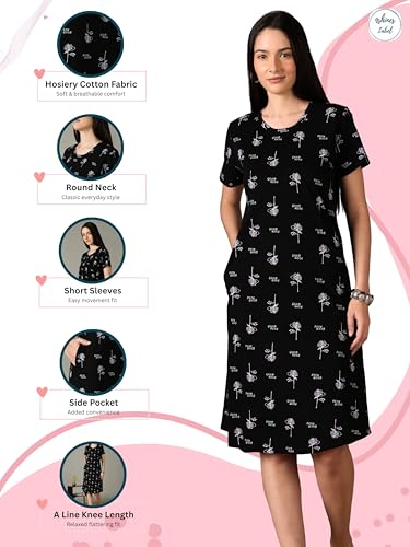 Image of 9shines Label Hosiery Cotton Knee Length Short Night Dress | Short Nighty for Women with Pocket | Graphic Print Nightwear | Night Gown for Women (M-7XL)