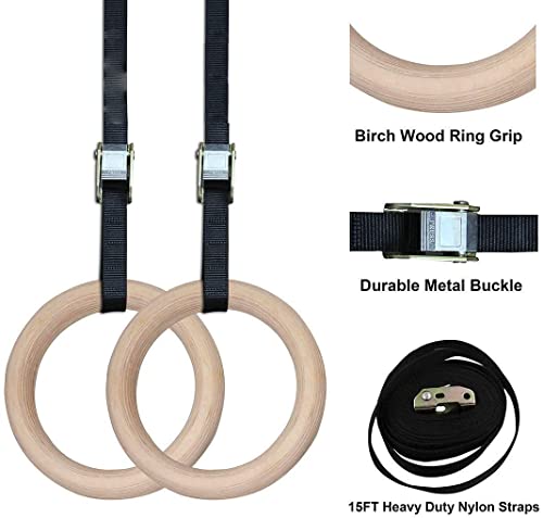 Image of Gymnastic Birch Wood Rings with Heavy Duty Adjustable Strap | Roman Rings Perfect for Calisthenics Competition and Conditioning Training