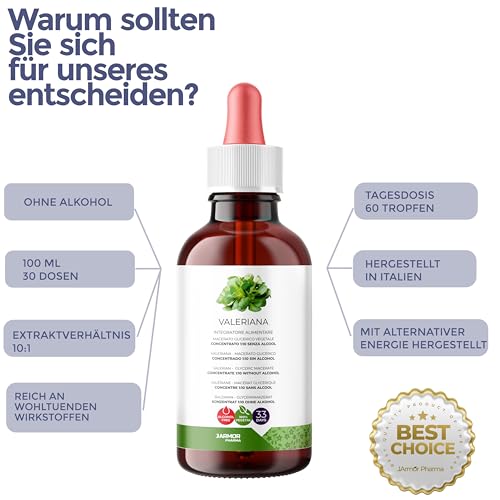 Baldrian Tropfen 100 Ml Hochdosiert, Valerian Stark Für Die Nacht, Ruhiger Schlaf und Innere Ruhe, Nahrungsergänzungsmittel Glycerin Macerate Pflanzlich, J.Armor Pharma Vegan