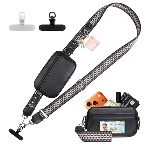 YFWE Clip and Go Phone Strap with Crossbody Wallet Adjustable Phone Lanyard with Detachable RFID Wristlet Wallet Anti-Theft Leather Purse with ID Window for Travel Essentials (Black)