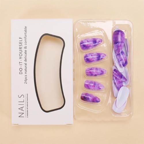 Image of NBNTGH Marbling Press On Nails Purple Ombre French Almond False Nails, 24 Pcs (Pack of 24), ABS Material, Glossy Finish, Full Cover, Reusable