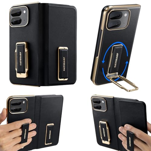 NIFBANG for Google Pixel 9 Pro Fold Leather Case with Grip Ring Finger Strap with 360 Rotating Stand Built-in Screen Protector Full Body Phone Cases Anti-Scratch Shockproof Wristband Cover(Black)