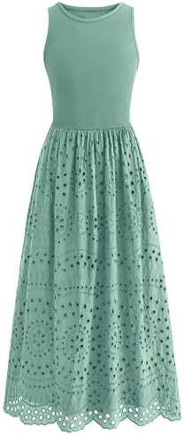 dowerme Women Summer Dresses 2025 Casual Sleeveless Crewneck A-Line Boho Lace Eyelet Cotton Tank Maxi Dress with Pockets