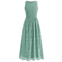 dowerme Women Summer Dresses 2025 Casual Sleeveless Crewneck A-Line Boho Lace Eyelet Cotton Tank Midi Dress with Pockets(Bean Green,Large)