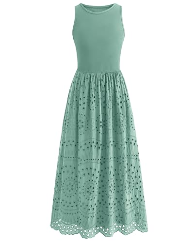 Image of dowerme Women Summer Dresses 2026 Casual Sleeveless Crewneck A-Line Boho Lace Eyelet Cotton Tank Maxi Dress with Pockets