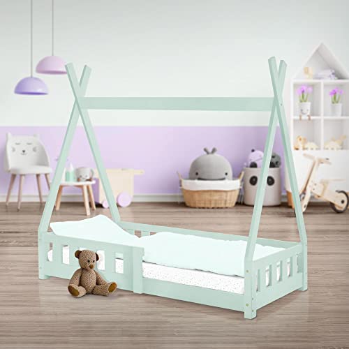 ML-Design Cama Infantil Tipi 70x140 cm con Protección Anticaída y Somier Estructura Listones de Madera de Pino Maciza Color Menta Forma de Casa Mobiliario Juego Tienda de Campaña para Niños