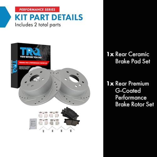 Image of TRQ Performance Rear Brake Pad and Rotor Set Ceramic Coated Drilled Slotted Compatible with 2007-2012 Lexus ES350 2008-2012 Toyota Avalon 2007-2011 Camry