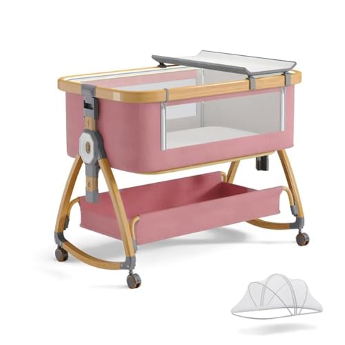 Image of Baby Bassinet, Bedside Bassinet for Baby, 4 in 1 Portable Bassinet Bedside Sleeper with Wheels Mosquito Net & Storage Basket, 6 Height Adjustable Rocking Bassinet for Newborn Baby