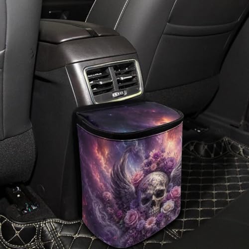 Image of Talayituse Wing Skull Floral Galaxy Print Car Trash Can Portable Auto Garbage Bin Multifunctional Vehicle Interior Accessories with Adjustable Straps Universal Fit Truck SUV Sedan