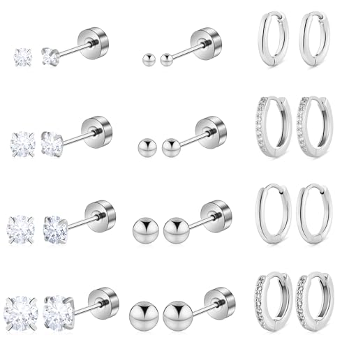 KAMXUY Hypoallergenic Surgical Steel Earrings for Women Men Sensitive Ears Dainty 14K Gold Stainless Steel Earrings Flat Back Gold Small Stud Hoop Cartilage Earring Set for Multiple Piercing (Silver tone)