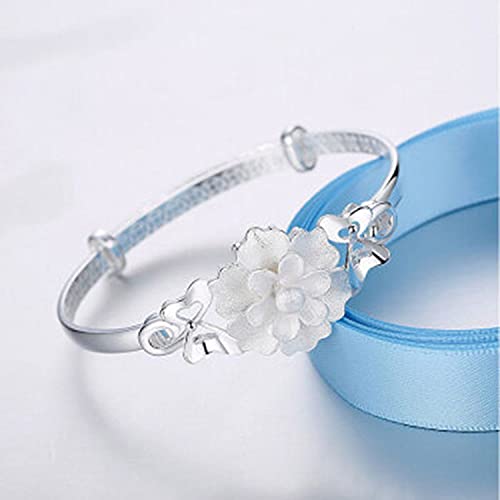Bijoux en argent pour femme bracelet manchette ajustable fleurs 3D