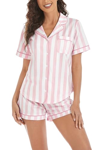 Image of LUBOT 100% Cotton Pajamas for Women 2 Piece PJ Set Button-Down Soft Knit Short Sleeve Summer Sleepwear Loungewear XS-XXL