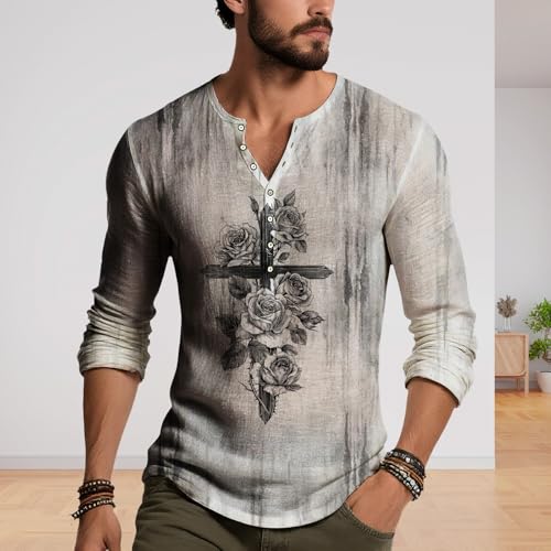 Mens Distressed Henley Shirt Cross Rose Print Tee Vintage Casual Long Sleeve Shirts Gothic Graphic Tops Lightweight2