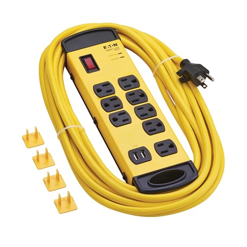 Regleta de alimentación industrial TRIPP LITE TLM825USB, 8 tomacorrientes, protección contra picos de 1960 julios, 2 puertos USB, cable de 25 pies, carcasa metálica amarilla, montaje en pared o debajo de escritorio miniatura 3
