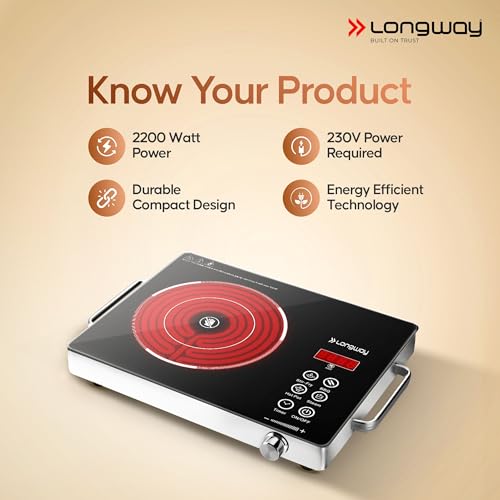 Longway Infralite Pro ICT 2200 W Infrared Cooktop with Free Stainless Steel Grill | Auto Shut Off & Overheat Protection (Black, Touch Control)