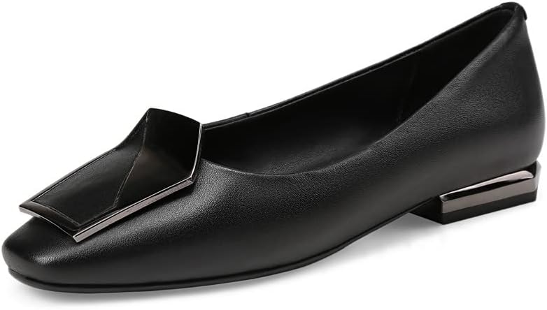 TinaCus Women's Genuine Leather Square Toe Handmade Buckle Décor Casual Flat Shoes