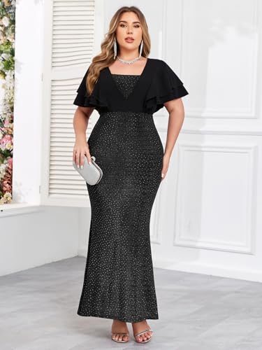 ZOMVA Women's Plus Size Sparkly Maxi Dress Ruffle Short Sleeve Bodycon Mermaid Gown Formal Cocktail Party Club Evening3