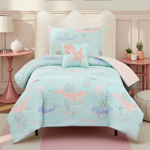 Twin Comforter Set for Girls Kids - 3 Pieces Ocean Animals Twin XL Bedding Set with 1 Comforter, 1 Decor Pillow & 1 Pillow Sham
