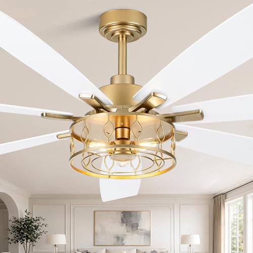 Image of Dawn Whisper 72 Inch Large Ceiling Fans with Lights Modern White Gold Farmhouse Ceiling Fan for Living Room Bedroom 6 Speed Reversible Quiet DC Motor