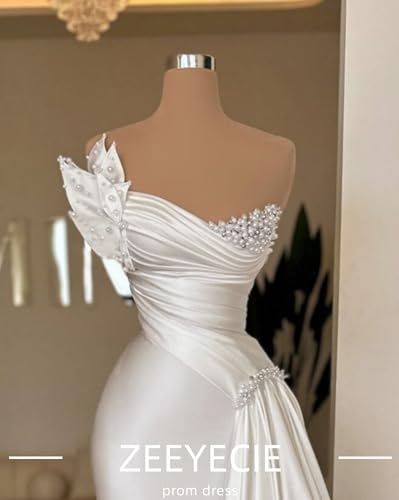 Zeeyecie Strapless Beaded Prom Dresses for Women 2025 Satin Mermaid Ruched Long Evening Formal Ball Gowns with Train3