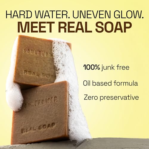 Image of Soulflower Shining Sandalwood Soap For Daily Cleansing | Tan Removal & Skin Brightening Natural Bathing Bar For Hard Water With Ashwagandha, Tulsi, Neem & Shea Butter | Controls Acne & Pimples | 100g