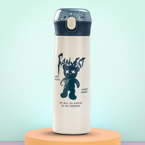 Image of BAYBEE Dreamer Sipper Water Bottle for Kids | Spill Proof Anti-Rust Steel Sipper Water Bottle for Kids with Straw | BPA Free Drinking Training Sippy for School Toddlers Boys Girls (White)