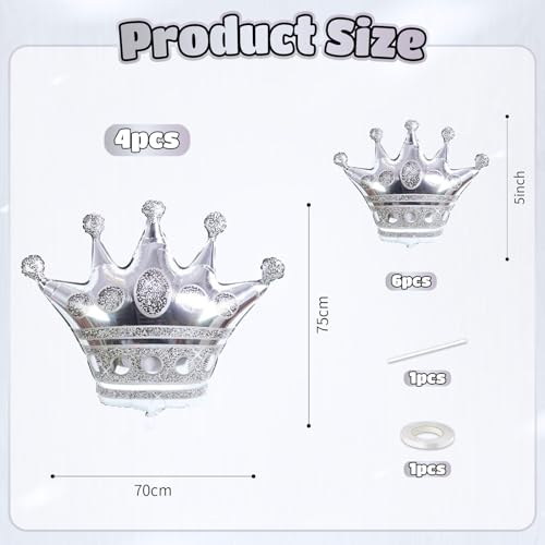 Image of 10 Pcs Silver Crown Balloons Silver Crown Foil Balloons Large Aluminum | Silver Crown Foil Balloons Large Aluminum Foil Balloon With Two Sizes For Birthday Baby Shower King Royalty Theme Party