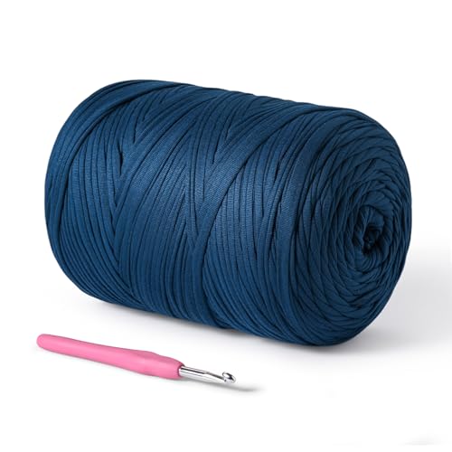 Image of 800g T-Shirt Crochet Yarn for Crocheting Crafts /Bags /Basket /Coaster,Hand Knitting Tshirt Yarn for Crochet,228yds T Shirt Yarns with High Elastic Thick Yarns Polyester Fabric（Navy Blue）