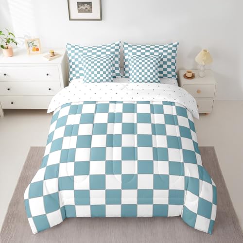 Image of Erosebridal White Blue Checkered Boys Twin Comforter Set with Sheets 7 Piece Buffalo Plaid Grid Kids Bedding Set with Sheets Teen Men Checkerboard Bed in A Bag Aesthetics Gingham Bed Set