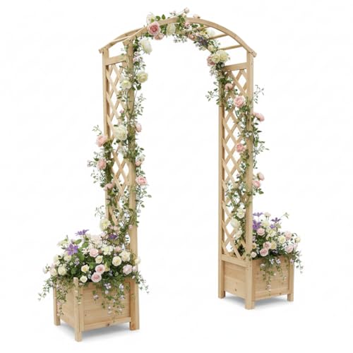 Mucola Rosenbogen Natur Holz mit 2 Blumenkübeln 41x41x41cm Rankgitter Torbogen 179x41x208cm unbehandelt | Rankhilfe für Kletterpflanzen und Rosen Durchgangsbreite 98cm Garten