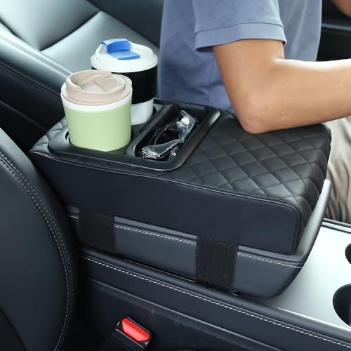 Supin Car Armrest Cushion - Multifunctional Faux Leather Armrest Cushion with Cup Holder Phone Storage and Ergonomic Design for All Seasons (BLack)