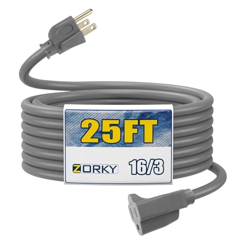 Image of 25ft Outdoor Extension Cord for Christmas Decorations - 16 /3 Heavy Duty SJTW Waterproof Gray Electrical Cable with 3 Prong Grounded Plug for Safety, Great for Lawn and Major Appliances