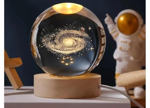 Image of STARKENDY 3D Star Galaxy Crystal Ball LED Night Lamp, Creative Engraved Night Light Wooden Base, Warm White Decorative Table Lamp for Home, Office, Bedroom, Birthday Gift