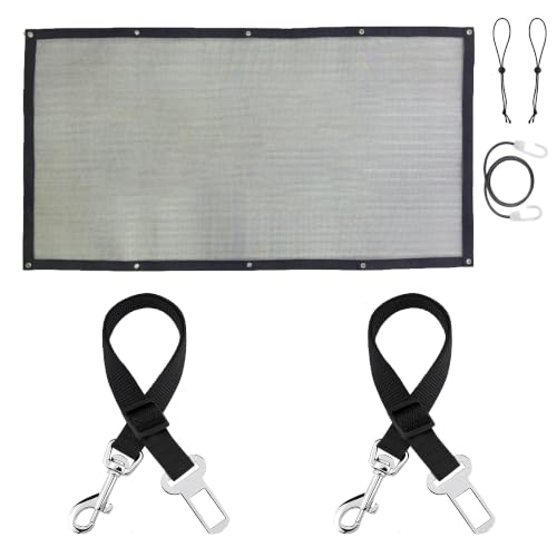SunGrow Dog Seat Belts with Barrier, 2 Adjustable 28" Nylon Belts, 24" x 45" Micro Mesh Net Divider for Cars, SUVs, and Trucks, 4 Hooks and Luggage Ropes for Assembly, Black, 1 Set per Pack