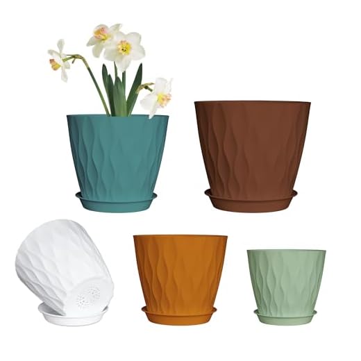Plastic Plant Pots with Drainage Holes and Saucers, 8/7/6/5/4 Inches Garden Plant Flower Pots for Indoor Planter, 5 Pack Nursery Planting Pot for Indoor & Outdoor House Plants (Multicolor, 8/7/6/5/4)