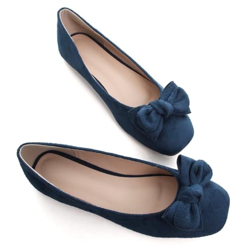 SAILING LU Cute Bow Black Ballet Flats Suede Dress Shoes for Women Comfortable Dressy Square Toe Walking Flats Shoes Slip Ons Business Casual4