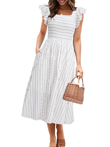 Miessial Women's Summer Casual Striped Midi Dress Square Neck A Line Swing Long Dress White Stripe 0-2