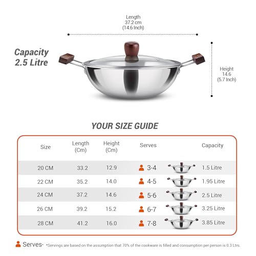 Image of MILTON Pro Cook Induction Cookware & Gas Stove Friendly Triply Stainless Steel Kadhai with Glass Lid 24cm (2.5L) | Deep Fry Pan | Sturdy Wooden Handle | Less Oil Healthy Cooking | 3Y Warranty | Silver