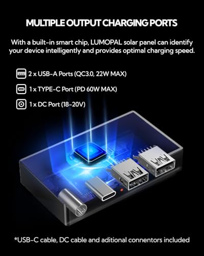 Portable Solar Panel, LUMOPAL 60W Foldable Solar Panel Folding Solar Charger with PD60W USB C QC3.0 USB A DC18-20V Output for Camping Backpacking Compatible with Phone Laptop Portable Power Station