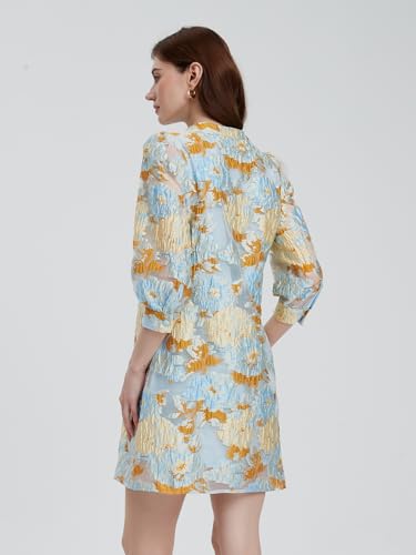 D-Sun Women's Floral Jacquard Dress Crewneck 3/4 Sleeve 3D Embroidered Slim Mini Dress Button Down Fall Elegant Short Dresses3