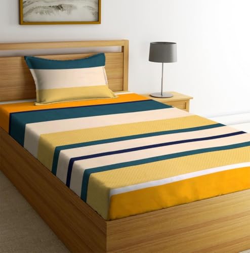 Image of la' Amour Pure Cotton All Round Elastic Fitted Bedsheets with 1 Pillow Cover | Single Mattress Bed Breathable| Longlasting | Supersoft Size - 36 x 72 + 6 inches (Big Leaf, Color -Green Yellow)