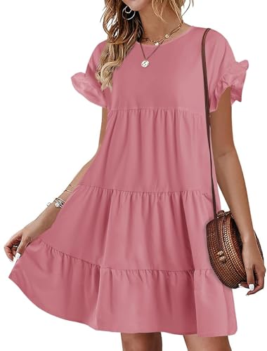 Chuanqi Womens Ruffles O Neck Babydoll Tiered Loose Swing Short T-Shirt Mini Dress Z-Pink