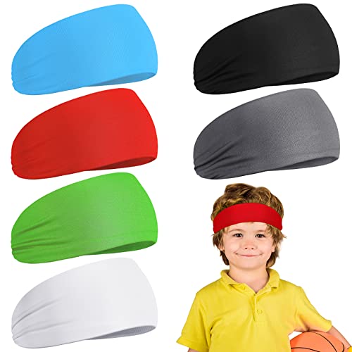 6 Pcs Kids Athletic Sweatbands and Headbands - Elastic Hairbands with Sweat Absorption for Football, Youth Sports, and Active Kids (Multi Colors)