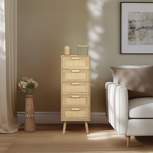 Finnhomy Rattan Chest of Drawers Bedroom, Tall Chester Drawers with 5 Hand Made Rattan Decorated Drawers for Bedroom, Small Bedside Cabinet with Wood Legs, Natural - Image 5